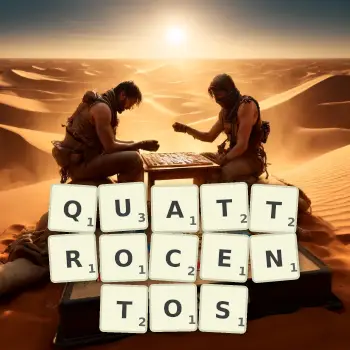 Illustration créative d'un jeu de lettres avec le mot QUATTROCENTOS épelé sur le plateau.