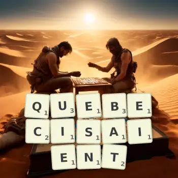Illustration créative d'un jeu de lettres avec le mot QUEBECISAIENT épelé sur le plateau.