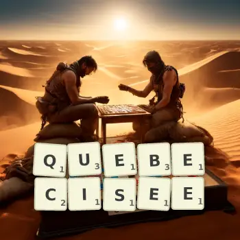 Illustration créative d'un jeu de lettres avec le mot QUEBECISEE épelé sur le plateau.