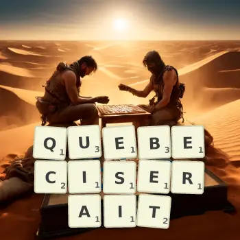 Illustration créative d'un jeu de lettres avec le mot QUEBECISERAIT épelé sur le plateau.