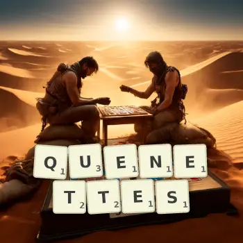 Illustration créative d'un jeu de lettres avec le mot QUENETTES épelé sur le plateau.