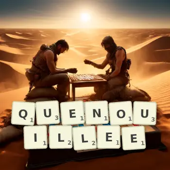 Illustration créative d'un jeu de lettres avec le mot QUENOUILLEE épelé sur le plateau.