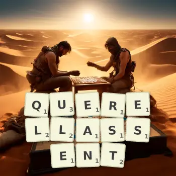 Illustration créative d'un jeu de lettres avec le mot QUERELLASSENT épelé sur le plateau.