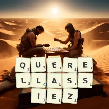 Illustration créative d'un jeu de lettres avec le mot QUERELLASSIEZ épelé sur le plateau.