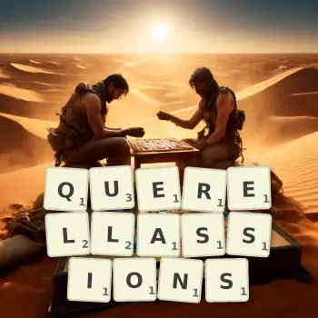 Illustration créative d'un jeu de lettres avec le mot QUERELLASSIONS épelé sur le plateau.