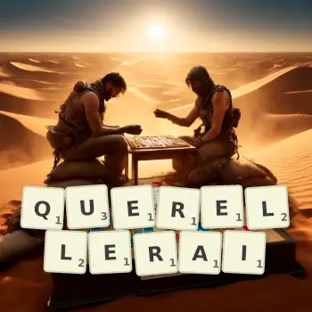 Illustration créative d'un jeu de lettres avec le mot QUERELLERAI épelé sur le plateau.