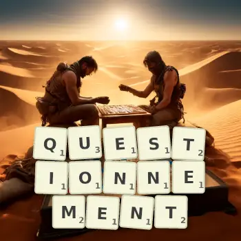 Illustration créative d'un jeu de lettres avec le mot QUESTIONNEMENT épelé sur le plateau.