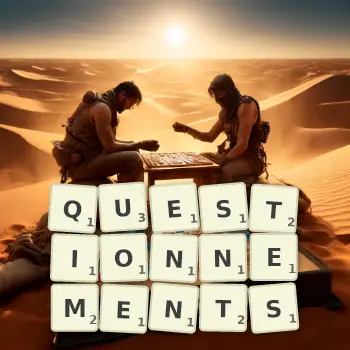 Illustration créative d'un jeu de lettres avec le mot QUESTIONNEMENTS épelé sur le plateau.