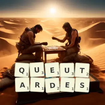 Illustration créative d'un jeu de lettres avec le mot QUEUTARDES épelé sur le plateau.