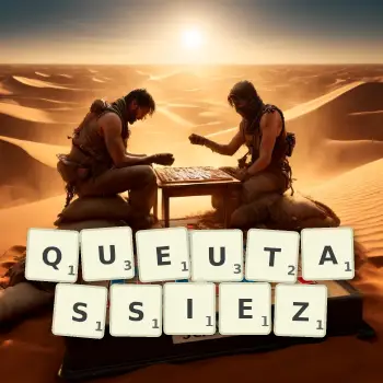 Illustration créative d'un jeu de lettres avec le mot QUEUTASSIEZ épelé sur le plateau.