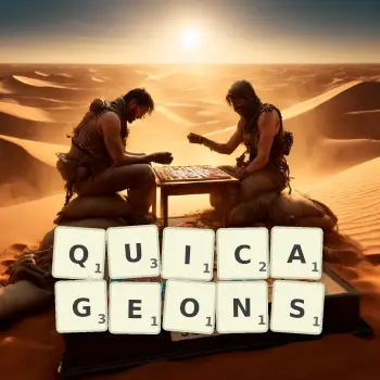 Illustration créative d'un jeu de lettres avec le mot QUICAGEONS épelé sur le plateau.