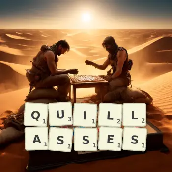 Illustration créative d'un jeu de lettres avec le mot QUILLASSES épelé sur le plateau.