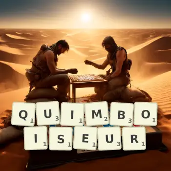 Illustration créative d'un jeu de lettres avec le mot QUIMBOISEUR épelé sur le plateau.