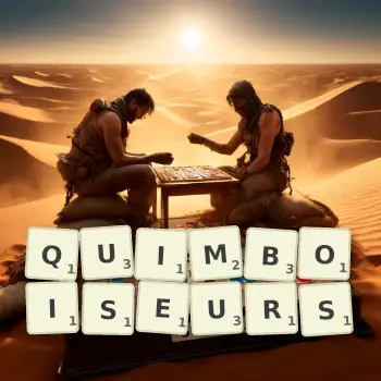 Illustration créative d'un jeu de lettres avec le mot QUIMBOISEURS épelé sur le plateau.