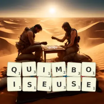 Illustration créative d'un jeu de lettres avec le mot QUIMBOISEUSE épelé sur le plateau.