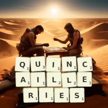 Illustration créative d'un jeu de lettres avec le mot QUINCAILLERIES épelé sur le plateau.