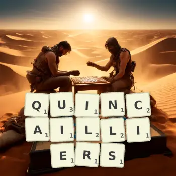 Illustration créative d'un jeu de lettres avec le mot QUINCAILLIERS épelé sur le plateau.