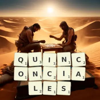 Illustration créative d'un jeu de lettres avec le mot QUINCONCIALES épelé sur le plateau.