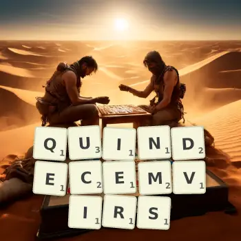 Illustration créative d'un jeu de lettres avec le mot QUINDECEMVIRS épelé sur le plateau.