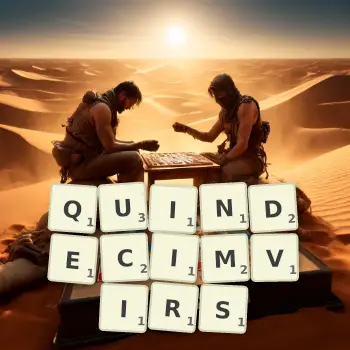 Illustration créative d'un jeu de lettres avec le mot QUINDECIMVIRS épelé sur le plateau.