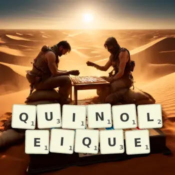 Illustration créative d'un jeu de lettres avec le mot QUINOLEIQUE épelé sur le plateau.