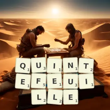 Illustration créative d'un jeu de lettres avec le mot QUINTEFEUILLE épelé sur le plateau.