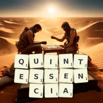 Illustration créative d'un jeu de lettres avec le mot QUINTESSENCIA épelé sur le plateau.
