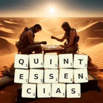 Illustration créative d'un jeu de lettres avec le mot QUINTESSENCIAS épelé sur le plateau.