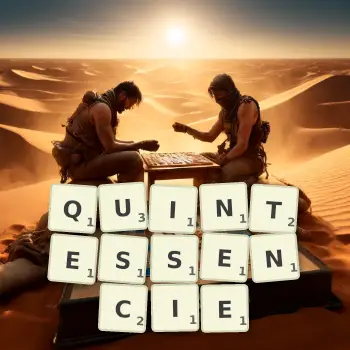 Illustration créative d'un jeu de lettres avec le mot QUINTESSENCIE épelé sur le plateau.