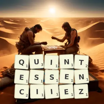 Illustration créative d'un jeu de lettres avec le mot QUINTESSENCIIEZ épelé sur le plateau.