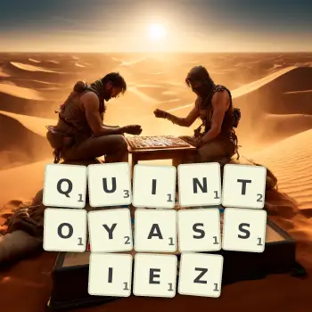 Illustration créative d'un jeu de lettres avec le mot QUINTOYASSIEZ épelé sur le plateau.