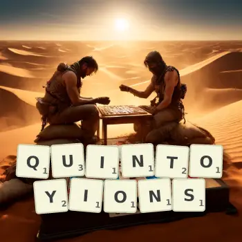 Illustration créative d'un jeu de lettres avec le mot QUINTOYIONS épelé sur le plateau.