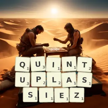 Illustration créative d'un jeu de lettres avec le mot QUINTUPLASSIEZ épelé sur le plateau.