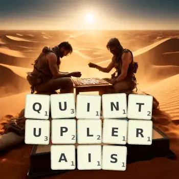 Illustration créative d'un jeu de lettres avec le mot QUINTUPLERAIS épelé sur le plateau.