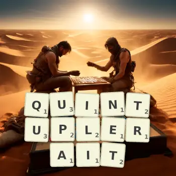 Illustration créative d'un jeu de lettres avec le mot QUINTUPLERAIT épelé sur le plateau.