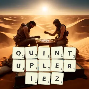 Illustration créative d'un jeu de lettres avec le mot QUINTUPLERIEZ épelé sur le plateau.