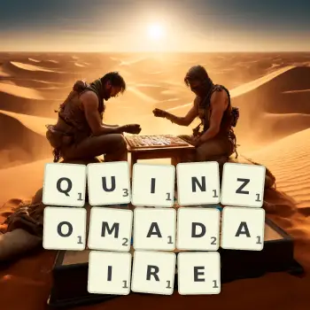 Illustration créative d'un jeu de lettres avec le mot QUINZOMADAIRE épelé sur le plateau.