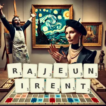 Illustration créative d'un jeu de lettres avec le mot RAJEUNIRENT épelé sur le plateau.