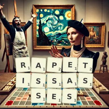 Illustration créative d'un jeu de lettres avec le mot RAPETISSASSES épelé sur le plateau.