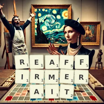 Illustration créative d'un jeu de lettres avec le mot REAFFIRMERAIT épelé sur le plateau.