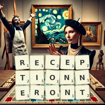 Illustration créative d'un jeu de lettres avec le mot RECEPTIONNERONT épelé sur le plateau.