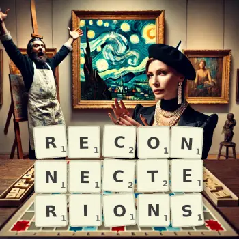 Illustration créative d'un jeu de lettres avec le mot RECONNECTERIONS épelé sur le plateau.
