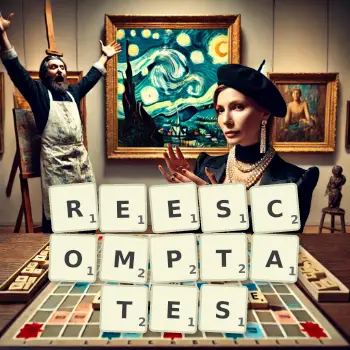 Illustration créative d'un jeu de lettres avec le mot REESCOMPTATES épelé sur le plateau.