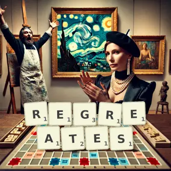Illustration créative d'un jeu de lettres avec le mot REGREATES épelé sur le plateau.
