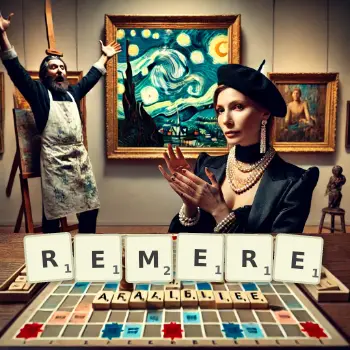 Illustration créative d'un jeu de lettres avec le mot REMERE épelé sur le plateau.