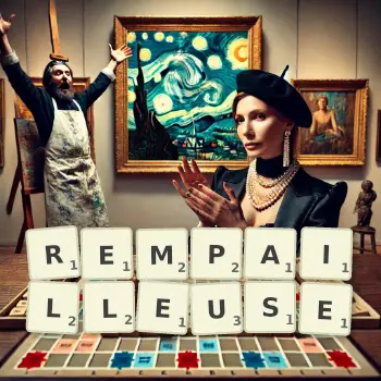 Illustration créative d'un jeu de lettres avec le mot REMPAILLEUSE épelé sur le plateau.