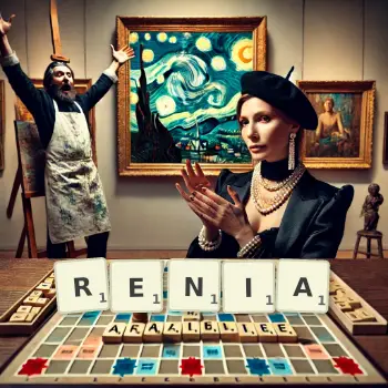 Illustration créative d'un jeu de lettres avec le mot RENIA épelé sur le plateau.