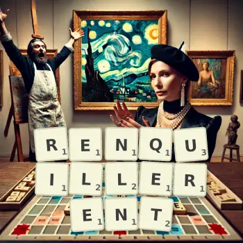 Illustration créative d'un jeu de lettres avec le mot RENQUILLERENT épelé sur le plateau.