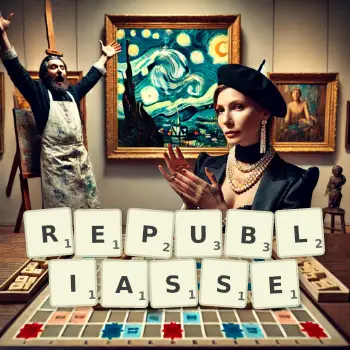 Illustration créative d'un jeu de lettres avec le mot REPUBLIASSE épelé sur le plateau.