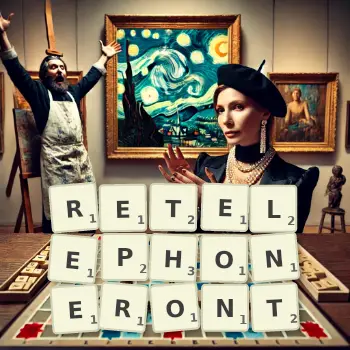 Illustration créative d'un jeu de lettres avec le mot RETELEPHONERONT épelé sur le plateau.